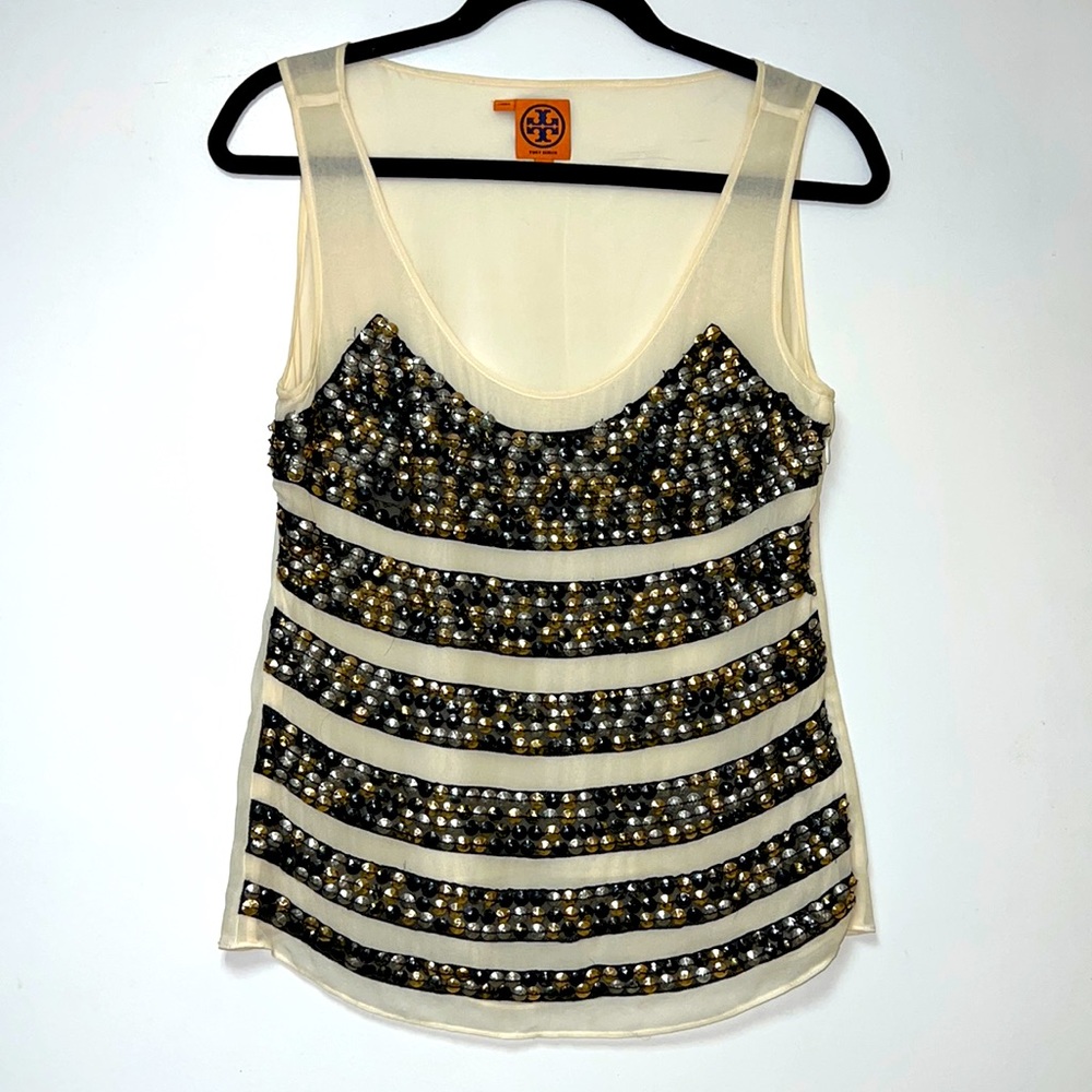 💥TOPS SALE💥 TORY BURCH SILK BLOUSE IN LIGHT CREAM WITH SEQUIN ORNAMENT